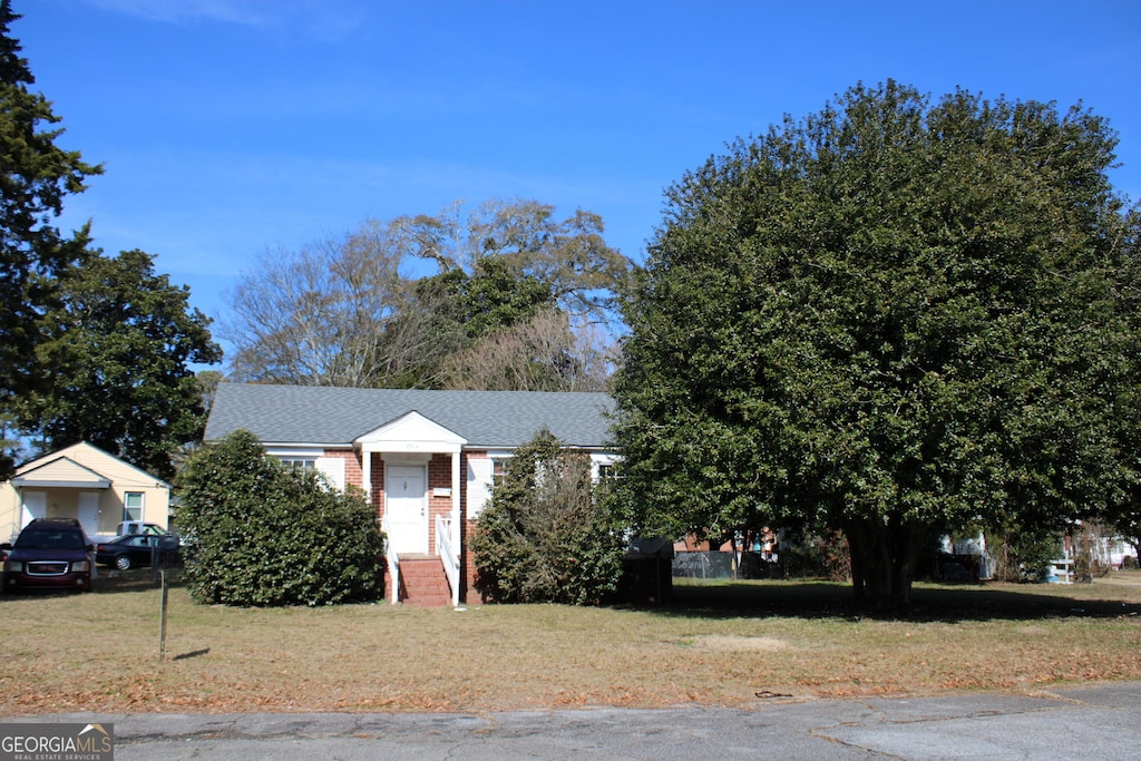 view of property hidden behind natural elements with a front yard