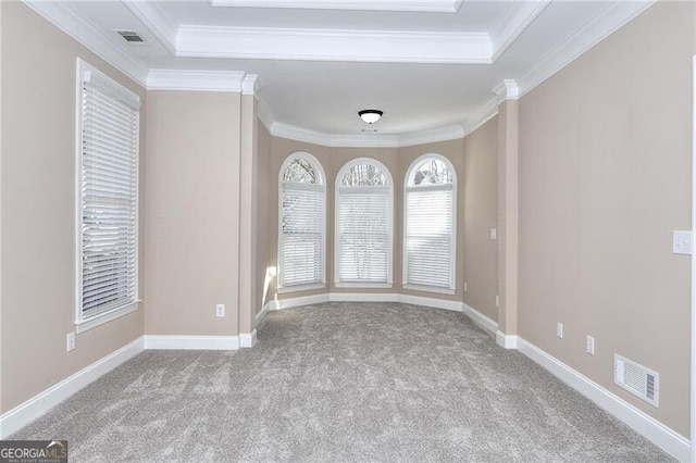 spare room with crown molding, light colored carpet, and a tray ceiling