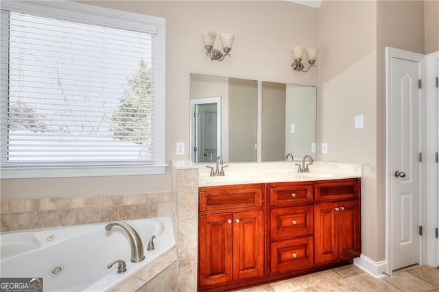 bathroom with vanity and a relaxing tiled tub