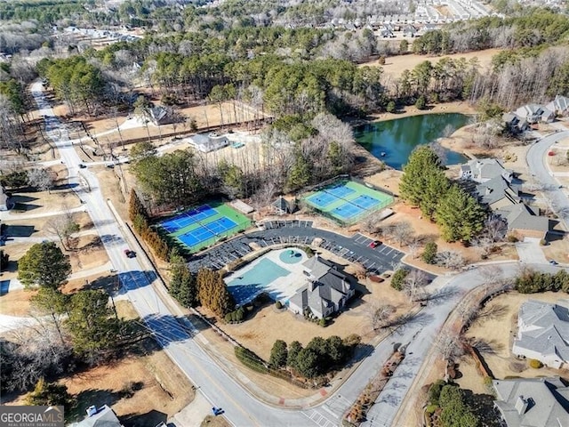 drone / aerial view with a water view