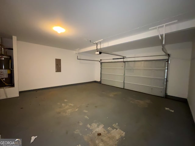 garage with a garage door opener, electric panel, and water heater