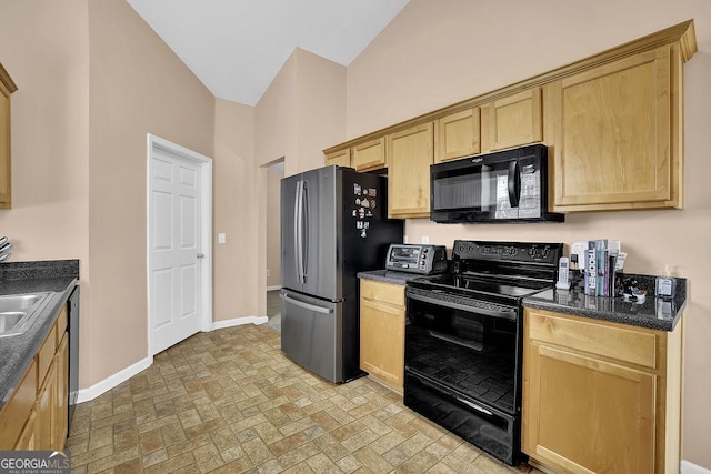 kitchen with sink, black appliances, and light brown cabinets