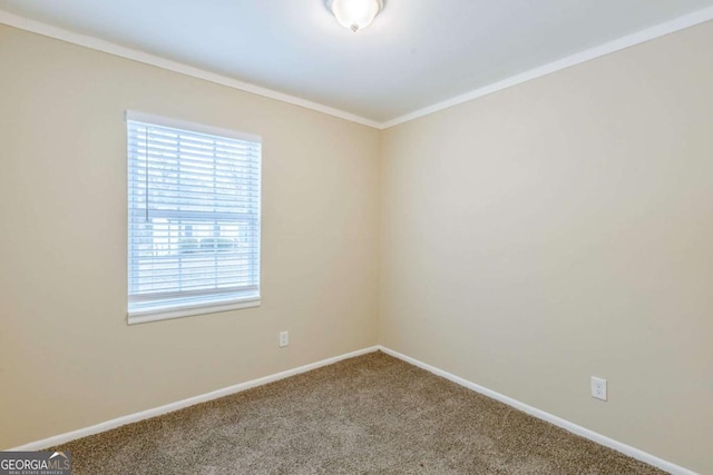 empty room with ornamental molding and carpet flooring