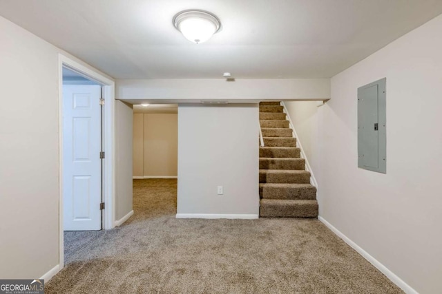 basement featuring light carpet and electric panel