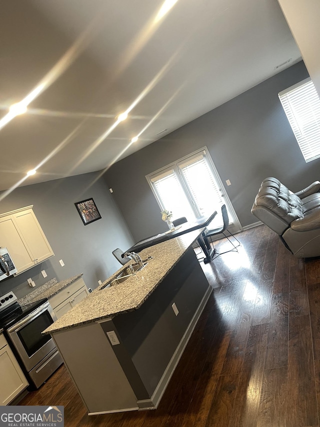 kitchen featuring stainless steel appliances, white cabinetry, light stone countertops, and dark hardwood / wood-style flooring