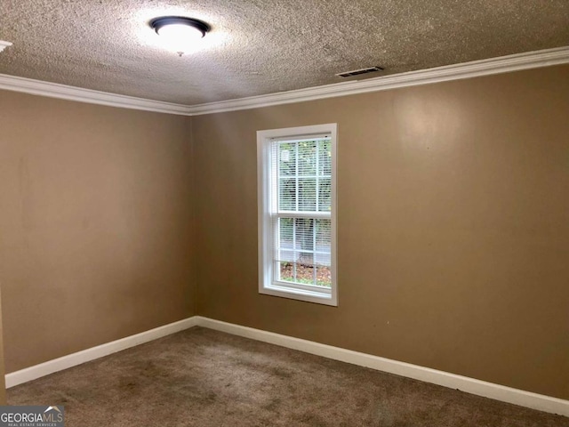 spare room with crown molding, carpet floors, and a textured ceiling