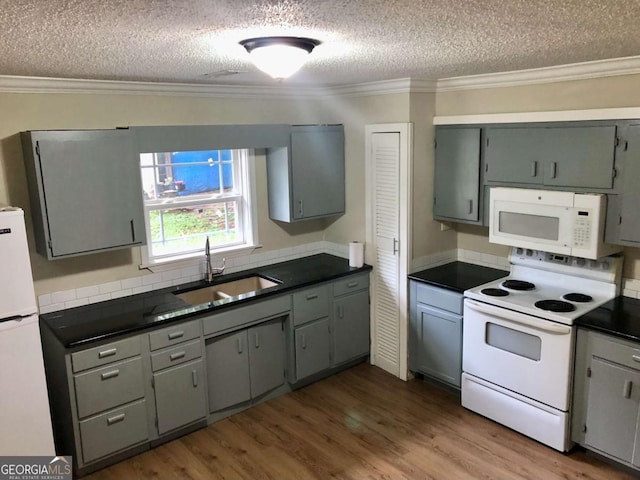 kitchen with wood-type flooring, sink, gray cabinetry, ornamental molding, and white appliances