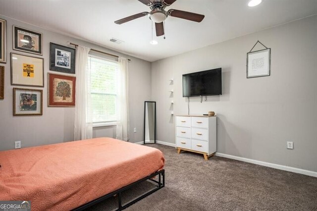 1574 Mayflower St, Atlanta, GA 30311 - bedroom with carpet flooring, visible vents, baseboards, recessed lighting, and a ceiling fan