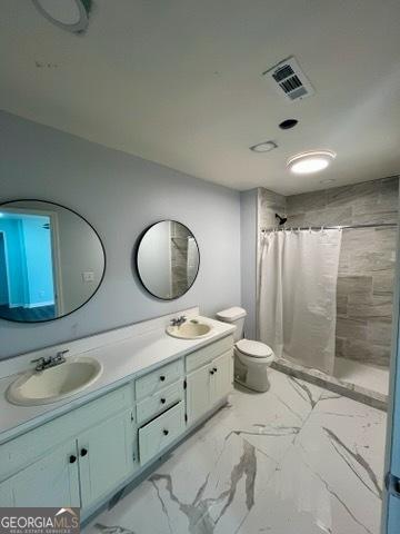 bathroom with vanity, curtained shower, and toilet