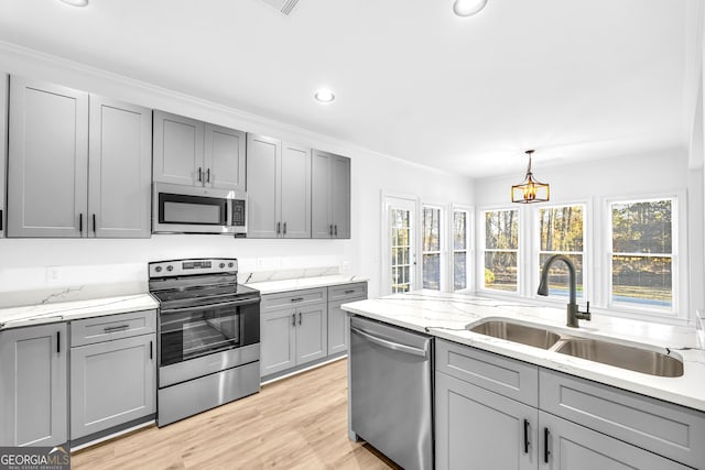 kitchen featuring stainless steel appliances, plenty of natural light, sink, and gray cabinetry