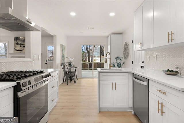 kitchen featuring ventilation hood, appliances with stainless steel finishes, sink, and backsplash