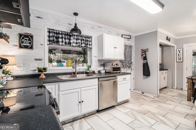 kitchen featuring sink, crown molding, white cabinetry, decorative light fixtures, and stainless steel dishwasher