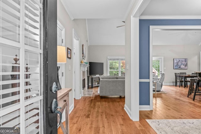 foyer featuring ornamental molding and light hardwood / wood-style floors