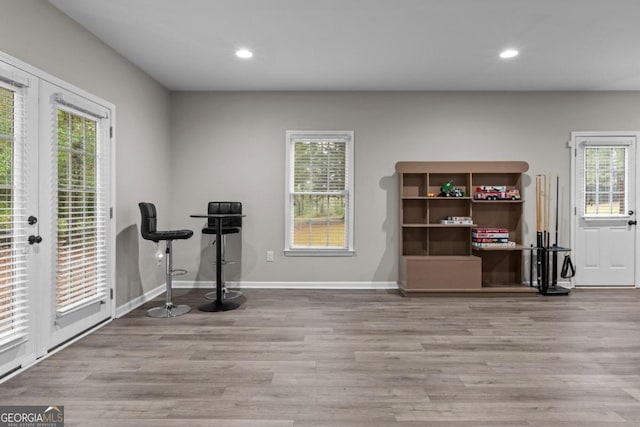 exercise room with a wealth of natural light, light hardwood / wood-style floors, and french doors