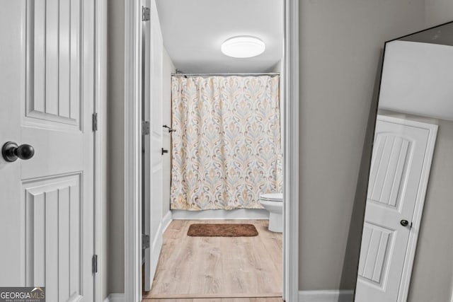 bathroom featuring a shower with curtain and toilet