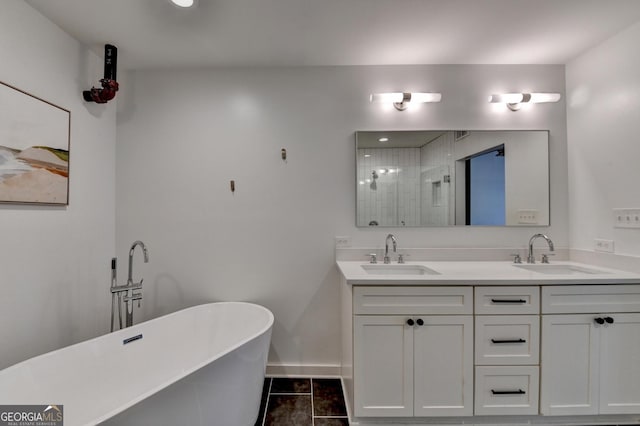 bathroom featuring vanity, shower with separate bathtub, and tile patterned flooring