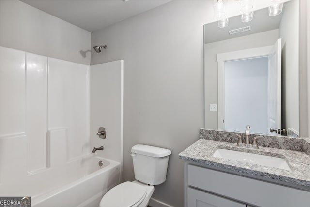 full bath with shower / washtub combination, visible vents, vanity, and toilet