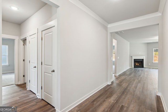 hallway featuring ornamental molding, dark wood finished floors, and baseboards