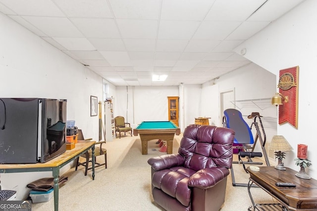 rec room with a paneled ceiling, carpet floors, and billiards