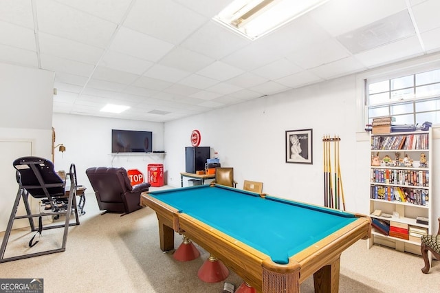 playroom with a drop ceiling, pool table, and carpet