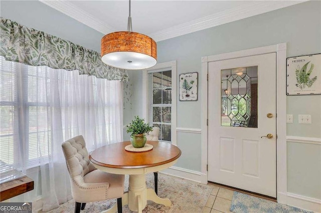 tiled dining area with crown molding