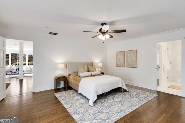 bedroom featuring ensuite bathroom, ornamental molding, hardwood / wood-style floors, and ceiling fan