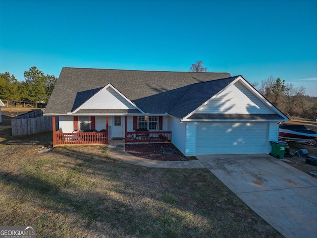 ranch-style house featuring a garage, a shingled roof, concrete driveway, a porch, and a front lawn