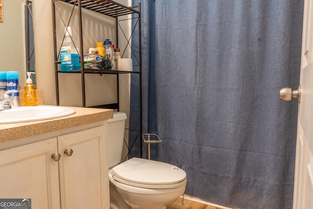 bathroom with wood finished floors, vanity, toilet, and a shower with curtain