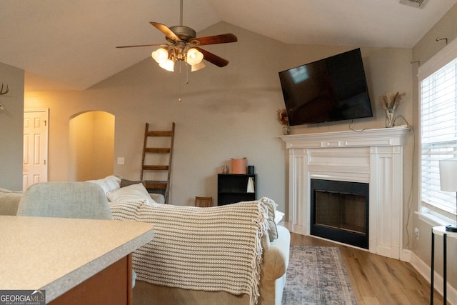 living room with light hardwood / wood-style flooring, ceiling fan, vaulted ceiling, and a healthy amount of sunlight