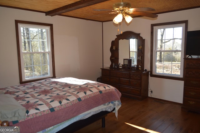 bedroom with wood ceiling, ceiling fan, dark hardwood / wood-style floors, and beamed ceiling