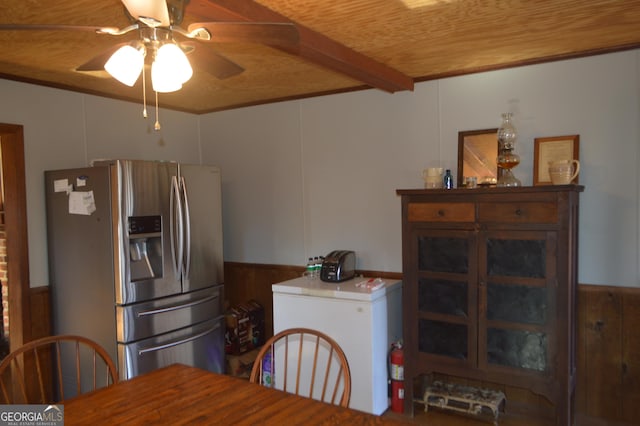 dining space with ceiling fan, wooden ceiling, beam ceiling, and wood walls