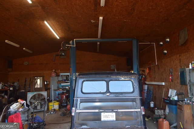 garage with wooden walls