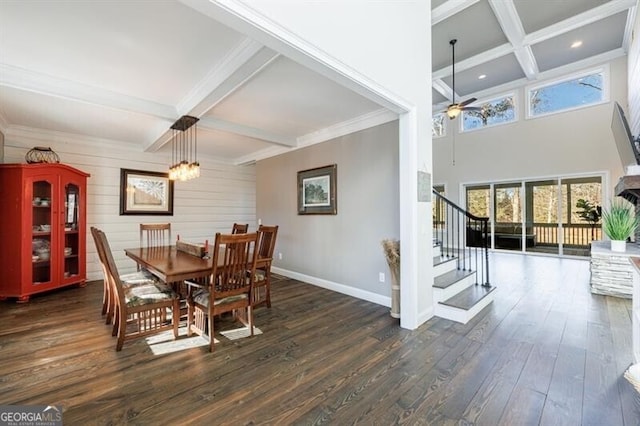 dining space with coffered ceiling, baseboards, stairway, beam ceiling, and dark wood finished floors