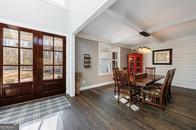 3055 Spring Hill Dr, Monroe, GA 30656 - dining room with french doors, baseboards, dark wood-style flooring, beam ceiling, and coffered ceiling