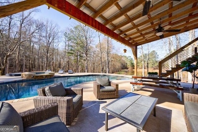 view of patio / terrace with an outdoor hangout area, ceiling fan, stairway, and a pool with connected hot tub