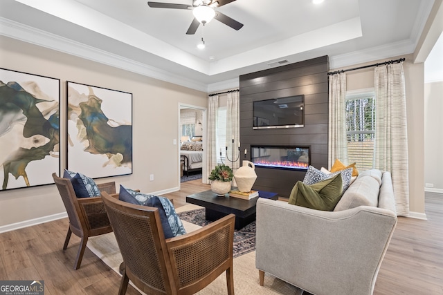 living room featuring a large fireplace, light hardwood / wood-style flooring, and a tray ceiling