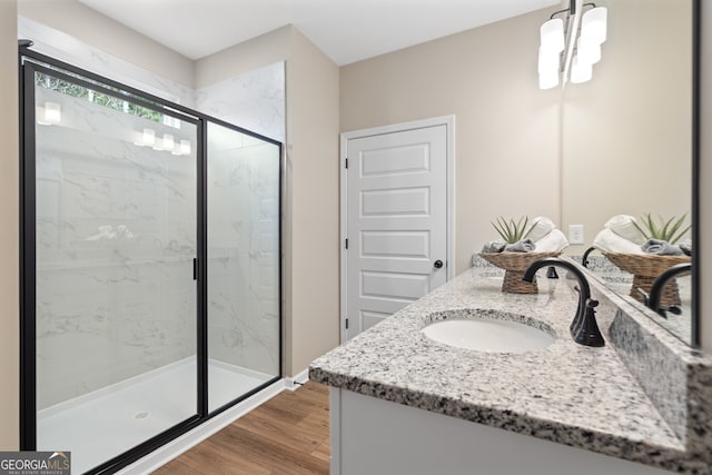 bathroom featuring walk in shower, vanity, and wood-type flooring