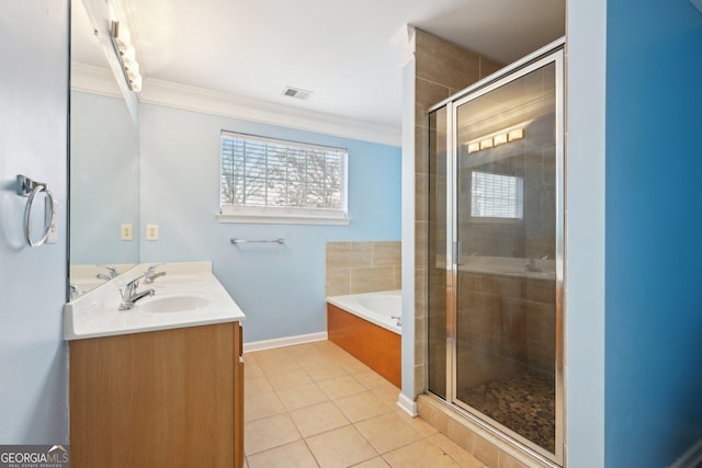 bathroom with tile patterned flooring, vanity, crown molding, and shower with separate bathtub