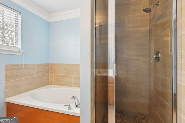 bathroom featuring plus walk in shower and crown molding