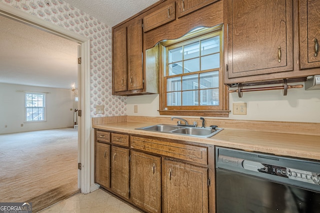 kitchen featuring light colored carpet, dishwasher, sink, and a textured ceiling