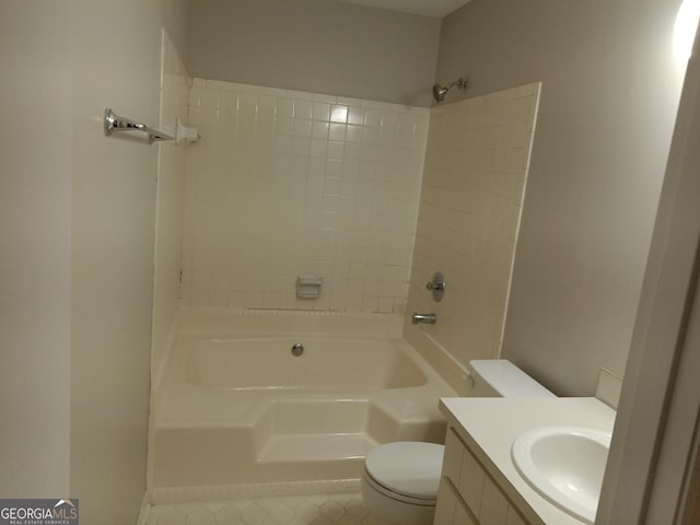 full bathroom with vanity, shower / tub combination, and toilet