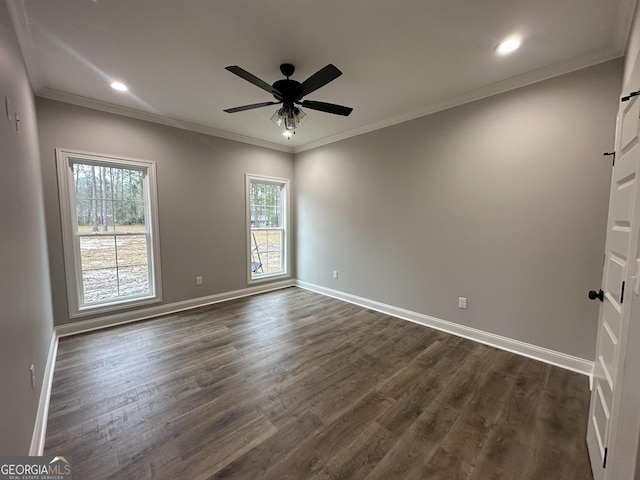 unfurnished room with dark wood-type flooring, ceiling fan, and ornamental molding