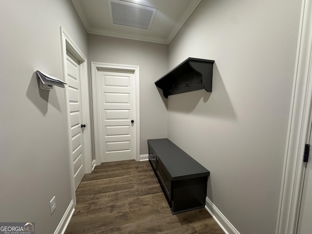 mudroom featuring dark wood-type flooring and crown molding