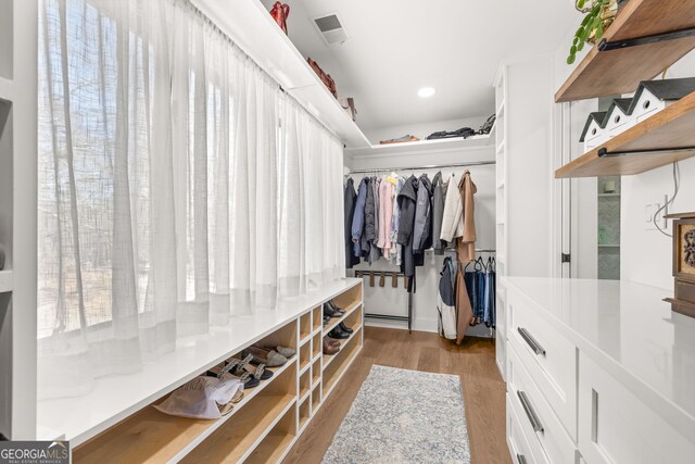 walk in closet with light wood-type flooring