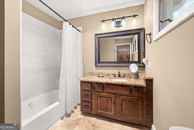 bathroom with shower / tub combo with curtain and vanity