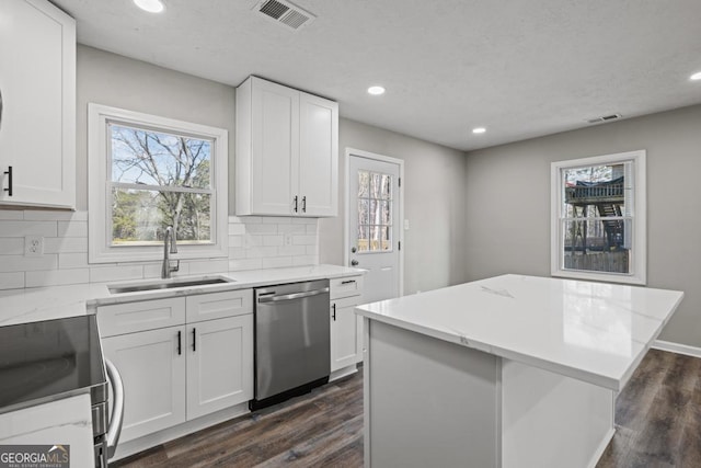 kitchen featuring plenty of natural light, appliances with stainless steel finishes, sink, and white cabinets