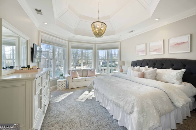 bedroom featuring a raised ceiling, ornamental molding, light colored carpet, and a chandelier