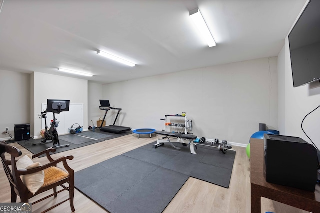 exercise room with light hardwood / wood-style floors