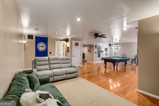 recreation room with ceiling fan, pool table, and hardwood / wood-style floors