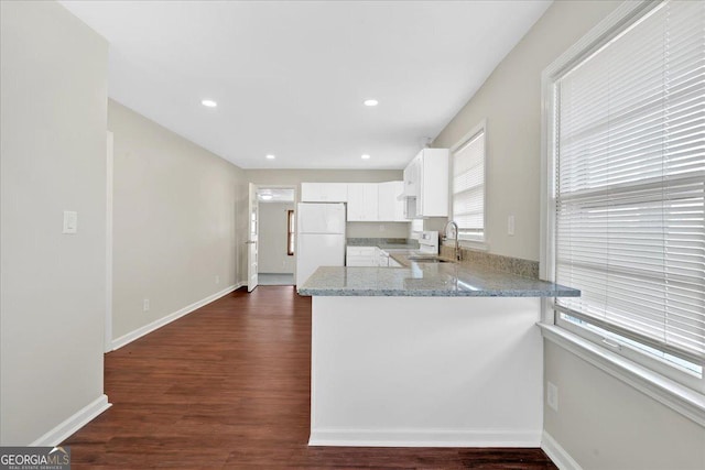 kitchen with sink, light stone countertops, white cabinets, kitchen peninsula, and white fridge